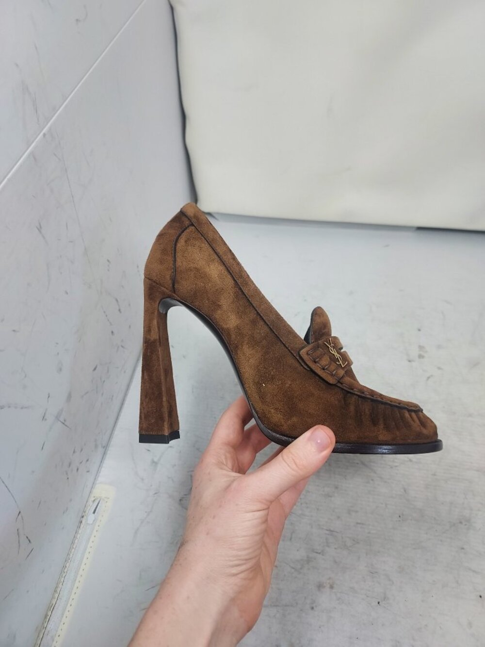 SAINT LAURENT YSL Brown Le Loafer Logo Suede Pump - Picture 4 of 12